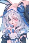  1girl :d animal_ear_hood animal_hood black_bra black_jacket blue_ribbon bluemoon_21 bra bright_pupils buttons closed_eyes colored_eyelashes commentary commission date_a_live double-parted_bangs eyepatch flat_chest frills fur-trimmed_jacket fur_trim hair_between_eyes hand_puppet himekawa_yoshino himekawa_yoshino_(inverse) hood hood_up hooded_jacket jacket long_hair looking_at_viewer neck_garter neck_ribbon no_shirt one_eye_covered open_clothes open_jacket open_mouth pom_pom_(clothes) puppet rabbit_hood red_eyes ribbon simple_background smile solo spaghetti_strap stuffed_animal stuffed_rabbit stuffed_toy u_u underwear upper_body watermark wavy_hair white_background white_eyelashes white_hair white_pupils yoshinon 