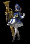  1girl absurdres aiguillette back_holster band_uniform battery_indicator belt black_background black_belt black_shoes blonde_hair blue_dress blue_hat blue_jacket breasts buckle buttons commentary covered_mouth crest crop_top crossed_legs dress full_body gloves gloves_over_sleeves gold_trim green_eyes hands_up hat helmet high_heels highres holding holding_instrument holding_weapon instrument jacket long_sleeves looking_at_viewer mask medium_breasts original patch petticoat pouch respirator shako_cap shoes simple_background solo standing striped_sleeves thighhighs torn_clothes torn_thighhighs watson_cross weapon weaponized_instrument white_dress white_gloves white_thighhighs zlop4485 
