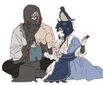  1boy 1girl animal_on_head bird bird_on_head camyu_ira commentary_request fur_trim grey_hair hood korean_commentary large_pectorals mask mouth_mask muscular muscular_male on_head original pectorals sewing short_hair simple_background sitting thread white_background 