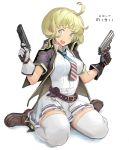  1girl ahoge american_flag asymmetrical_gloves bangs belt black_gloves blonde_hair breasts buckle dual_wielding eyebrows_visible_through_hair flag_print girls_frontline gloves grey_eyes gun handgun holding holding_gun holding_weapon jacket kesomaru m1911 m1911_(girls_frontline) necktie open_clothes open_jacket open_mouth pleated_skirt shadow shirt short_hair simple_background sitting skirt solo thighhighs weapon white_background white_gloves white_legwear white_shirt white_skirt 