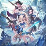  4girls armor bikini black_bikini black_bodystocking black_hair black_hat blonde_hair blue_eyes bodystocking boots braid braided_ponytail breasts cleavage commentary_request cowboy_hat dress eyepatch gloves goddess_of_victory:_nikke grey_hair guillotine_(nikke) guillotine_(winter_slayer)_(nikke) gun handgun hat highres holding holding_gun holding_rocket_launcher holding_staff holding_sword holding_weapon large_breasts long_hair looking_at_viewer mage_staff maiden_(ice_rose)_(nikke) maiden_(nikke) multiple_girls navel official_alternate_costume official_art outdoors oversized_hat ponytail red_eyes red_hair robe rocket_launcher rpg-7 rpg_(weapon) short_hair shoulder_armor skirt small_breasts staff swimsuit sword thigh_strap very_long_hair vesti_(ark_mage)_(nikke) vesti_(nikke) volume_(beat_the_gun)_(nikke) volume_(nikke) weapon white_gloves white_trim witch_hat yellow_eyes yeonwa 