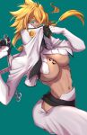  1girl aqua_background aqua_eyes bleach blonde_hair breast_tattoo breasts cleavage colored_eyelashes commentary_request cowboy_shot dark-skinned_female dark_skin dutch_angle floating_hair hair_between_eyes hakama holding holding_sword holding_weapon japanese_clothes large_breasts long_hair long_sleeves looking_at_viewer low_twintails navel number_tattoo partially_unzipped shrug_(clothing) simple_background solo soraao0322 spiked_hair stomach sword tattoo tier_harribel twintails unzipping v-shaped_eyebrows weapon white_hakama white_shrug 
