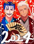  2024 2boys archer_(fate) blue_hair commentary_request cu_chulainn_(fate) cu_chulainn_(lancer)_(fate) drawn_horns drawn_mustache earrings fate_(series) folding_fan hand_fan highres holding holding_fan hourinoki japanese_clothes jewelry looking_at_viewer male_focus multiple_boys one_eye_closed open_mouth ponytail red_background red_eyes tan v white_hair 