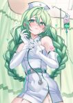  1girl adjusting_clothes adjusting_gloves baby_animal bare_shoulders belt braid ceiling commentary_request copyright_request curtains dress elbow_gloves gloves green_belt green_hair hair_between_eyes hat hatsune_miku highres infirmary inue_ao lamb long_hair looking_at_viewer nurse nurse_cap sheep short_dress side_slit sleeveless sleeveless_dress solo stethoscope sweatdrop thigh_strap tile_ceiling tiles twin_braids very_long_hair vocaloid white_gloves 