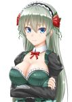  1girl blue_eyes blush breasts choker cleavage collarbone crossed_arms flower frills green_hair hair_flower hair_ornament hairband highres kayama_kouji large_breasts long_hair looking_at_viewer mahou_shoujo_tokushusen_asuka no_bra ootorii_asuka red_neckwear shiny shiny_clothes shiny_hair shiny_skin simple_background smile solo very_long_hair white_background 