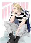  1boy alternate_costume black_boots black_shirt blonde_hair blue_jacket boku_no_hero_academia boots border closed_mouth collarbone commentary_request elbow_on_thigh grey_pants hand_on_own_face head_rest jacket jacket_on_shoulders lace-up_boots looking_to_the_side male_focus pants railing shirt short_hair short_sideburns sideburns sitting sitting_on_stairs smile solo stairs striped_clothes striped_shirt tama4664amat togata_mirio v-neck white_border white_shirt 