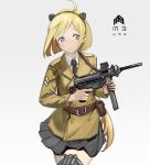  1girl ahoge bangs belt belt_pouch black_neckwear black_skirt blonde_hair character_name closed_mouth collared_shirt eyebrows_visible_through_hair girls_frontline grey_background gun hairband headgear holding holding_gun holding_weapon jacket kesomaru long_hair long_sleeves m3_grease_gun_(girls_frontline) m3_greasegun military military_uniform necktie pleated_skirt pouch purple_eyes shirt simple_background skirt smile solo submachine_gun uniform weapon 