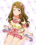  1girl ;) bow brown_eyes brown_hair card_commentary commentary_request floral_print floral_print_shirt frilled_shirt frilled_shorts frills game_asset grin hair_bow happiness_roomwear_(idolmaster) idolmaster idolmaster_million_live! idolmaster_million_live!_theater_days long_hair looking_at_viewer miyao_miya no_socks official_alternate_costume official_art one_eye_closed pajamas pink_bow pink_trim print_shirt print_shorts purple_shoes shirt shirt_bow shoes short_sleeves shorts sitting smile solo thick_eyebrows third-party_source wariza yellow_shirt yellow_shorts 