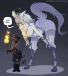  ! 1girl 1other ambiguous_gender ass bandages black_background black_boots black_hat bloodborne boots breasts chest_sarashi cleavage commentary covered_eyes english_commentary fur_trim furry furry_female goo_lee hat height_difference highres holding holding_torch holding_weapon horns hunter_(bloodborne) jewelry necklace patreon_username plague_doctor_mask sarashi simple_background speech_bubble tail torch tree_horns vicar_amelia weapon wolf_girl wolf_tail 
