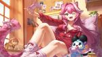  1girl :3 animal_ear_fluff animal_ears blush book bookshelf breasts bulletin_board calendar_(object) candy cecilia_immergreen character_doll chattino_(raora_panthera) chibi cleavage commentary controller day doll drawing_(object) elizabeth_rose_bloodflame fangs feet_out_of_frame food from_below game_controller gigi_murin gooster highres holding holding_controller holding_game_controller hololive hololive_english hood hoodie indoors jetpack large_breasts legs light_particles long_hair looking_ahead looking_at_another no_bra one_eye_closed open_mouth panther_ears panther_girl panther_tail photo_(object) pillow pin pink_hair plant playing_games playing_video_games potted_plant raora_panthera red_hoodie ribbon sidelocks sitting socks solo stuffed_animal stuffed_toy tail tail_ornament tail_ribbon teeth thighs virtual_youtuber winding_key window yellow_eyes 