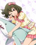 1girl :o ;o animal-shaped_pillow bow brown_eyes card_commentary commentary_request floral_print floral_print_shirt frilled_shirt frilled_shorts frills game_asset green_hair hair_bow happiness_roomwear_(idolmaster) idolmaster idolmaster_million_live! idolmaster_million_live!_theater_days looking_at_viewer medium_hair nagayoshi_subaru official_alternate_costume official_art one_eye_closed pajamas pink_bow pink_trim print_shirt print_shorts rubbing_eyes shark shirt shirt_bow short_sleeves shorts solo third-party_source yellow_shirt yellow_shorts 