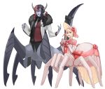  2boys arachne_boy awii black_hair blonde_hair blue_eyes blue_skin bonnet bow braid chinese_commentary colored_skin commentary_request crossdressing crossdressing_(mtf) dress elbow_gloves fangs fingernails front_braid full_body gloves hat highres horns jacket long_hair looking_at_viewer male_focus monster_boy multicolored_hair multiple_boys multiple_horns multiple_legs off-shoulder_dress off_shoulder original pink_bonnet pink_dress pink_eyes pink_thighhighs pointy_ears red_hair sharp_fingernails simple_background split-color_hair standing tail tail_bow tail_ornament taur thighhighs vest white_background white_jacket 