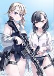  2girls bare_shoulders battle_rifle belt black_hair blonde_hair blue_eyes blue_one-piece_swimsuit breasts brown_eyes chain-link_fence closed_mouth commentary_request cowboy_shot desert_(deserteagle0321) ear_piercing fang fence glock gun h&amp;k_hk417 hair_ornament hairclip handgun highres holding holding_gun holding_weapon holster holstered jacket jacket_partially_removed light_blush looking_at_viewer medium_breasts medium_hair mole mole_under_eye multiple_girls one-piece_swimsuit original outdoors piercing rifle school_swimsuit skin_fang standing swimsuit thigh_belt thigh_strap track_jacket weapon white_jacket 