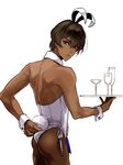  animal_ears arjuna_(fate/grand_order) ass back backless_outfit bare_back brown_eyes brown_hair bunny_boy bunny_ears bunny_tail bunnysuit commentary_request crossdressing dark_skin dark_skinned_male detached_collar fake_animal_ears fake_tail fate/apocrypha fate/grand_order fate_(series) from_behind holding holding_tray leotard looking_at_viewer male_focus side-tie_leotard simple_background solo strapless strapless_leotard tail tray waiter white_background white_leotard wing_collar wrist_cuffs zuwai_kani 