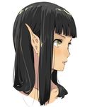  bangs black_hair blunt_bangs collarbone elf enami_katsumi expressionless eyelashes isekai_shokudou jpeg_artifacts kuro_(isekai_shokudou) long_hair looking_away parted_lips pointy_ears portrait shiny shiny_hair simple_background solo teeth white_background yellow_eyes 