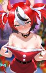  1girl absurdres alternate_costume animal_ear_fluff animal_ears armpit_crease bare_shoulders bell belt black_belt black_hair black_streaks blue_eyes blush bow breasts cleavage clothes_pull collar collarbone commentary dfswift dice_hair_ornament double-parted_bangs dress dress_pull english_commentary full-face_blush hair_between_eyes hair_ornament hakos_baelz half-closed_eyes highres hololive hololive_english looking_at_viewer medium_breasts mouse_ears mouse_girl mouse_tail mousetrap multicolored_hair naughty_face neck_bell red_hair santa_costume santa_dress sharp_teeth signature smile solo standing streaked_hair tail tail_bow tail_ornament teeth twintails uneven_twintails virtual_youtuber white_hair 