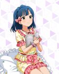  1girl book bow braid card_commentary closed_mouth commentary_request floral_print floral_print_shirt frilled_shirt frilled_shorts frills game_asset green_eyes hair_bow happiness_roomwear_(idolmaster) holding holding_book idolmaster idolmaster_million_live! idolmaster_million_live!_theater_days looking_ahead medium_hair nanao_yuriko official_alternate_costume official_art pajamas pillow pink_bow pink_trim print_shirt print_shorts shirt shirt_bow short_sleeves shorts sitting sitting_on_pillow smile solo third-party_source yellow_shirt yellow_shorts 
