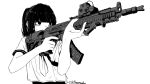  1girl absurdres aiming ak-105 blunt_bangs commentary_request finger_on_trigger greyscale gun highres holding holding_gun holding_weapon medium_hair monochrome neckerchief original ponytail shirt short_sleeves simple_background solo standing sweatdrop taida translation_request upper_body weapon white_background you're_doing_it_wrong 