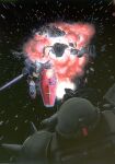  battle bullet_hole cable commentary_request damaged debris destruction earth_federation energy_sword explosion gundam highres holding holding_sword holding_weapon mecha mecha_focus mobile_suit mobile_suit_gundam motion_lines no_humans robot roundel rx-78-2_gundam scene_reference science_fiction shield shoulder_spikes space spikes star_(sky) sword taganer v-fin war weapon wreckage zaku_ii zeon zero_gravity 