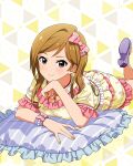  1girl blonde_hair bow card_commentary closed_mouth commentary_request floral_print floral_print_shirt frilled_shirt frilled_shorts frills game_asset hair_bow happiness_roomwear_(idolmaster) idolmaster idolmaster_million_live! idolmaster_million_live!_theater_days long_hair looking_at_viewer lying momose_rio official_alternate_costume official_art on_stomach pajamas pillow pink_bow pink_eyes pink_trim print_shirt print_shorts purple_shoes shirt shoes short_sleeves shorts smile solo the_pose third-party_source yellow_shirt yellow_shorts 