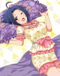  1girl :o ;o ahoge blue_hair bow card_commentary commentary_request floral_print floral_print_shirt frilled_shirt frilled_shorts frills game_asset hair_bow happiness_roomwear_(idolmaster) head_on_pillow idolmaster idolmaster_(classic) idolmaster_million_live! idolmaster_million_live!_theater_days looking_at_viewer lying miura_azusa official_alternate_costume official_art on_back one_eye_closed pajamas pillow pink_bow pink_trim print_shirt print_shorts purple_eyes shirt shirt_bow short_hair short_sleeves shorts solo third-party_source yellow_shirt yellow_shorts 