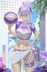  1girl abs absurdres ak-15_(girls'_frontline) alternate_costume artist_name ball beachball bikini bikini_bottom_only blue_sky blunt_bangs braid breasts closed_mouth cloud commentary cowboy_shot crop_top day door english_commentary girls'_frontline girls'_frontline_2:_exilium grey_hair hair_between_eyes hair_ornament hair_over_one_eye hand_on_own_hip high_ponytail highres holding holding_ball holding_beachball large_breasts lens_flare long_hair looking_at_viewer making-of_available menu_board midriff navel ocean ponytail purple_eyes purple_shirt sarong shirt short_sleeves sidelocks signature single_fishnet_legwear skindentation sky solo standing summer swimsuit tattered_lurker voymastina_(girls'_frontline_2) waves whistle white_bikini white_sarong wind_chime 