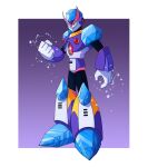  1boy android arm_at_side armor boots border chest_jewel clenched_hand commentary english_commentary freeze_man full_body gloves gradient_background green_eyes helmet highres ice knee_boots looking_at_viewer mega_man_(classic) mega_man_(series) mega_man_7 no_mouth outside_border purple_armor purple_background purple_helmet robot robot_ears shoulder_armor simple_background solo toastiepumpkin two-tone_background white_border white_gloves 
