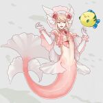  1boy awii blonde_hair braid chinese_commentary commentary_request detached_sleeves fins fish flounder_(the_little_mermaid) front_braid full_body grey_background highres long_hair looking_at_animal looking_to_the_side male_focus merfolk merman monster_boy original pink_eyes solo the_little_mermaid_(disney) 
