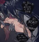  1boy 1girl aroused black_hair breasts claws completely_nude final_fantasy final_fantasy_vii final_fantasy_vii_rebirth final_fantasy_vii_remake flourishcat foreplay galian_beast head_back highres large_breasts licking lifting_person long_tongue monster_boy navel nipples nude oc_x_canon pussy size_difference speech_bubble stomach thighs tongue vincent_valentine 