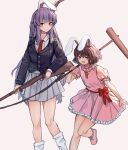  2girls absurdres animal_ears arisaka black_jacket blazer blush bolt_action brown_hair carrot_necklace closed_mouth collared_shirt commentary dress frilled_dress frills gun highres holding holding_gun holding_mallet holding_weapon inaba_tewi jacket jewelry kine leg_up long_sleeves looking_at_viewer mallet multiple_girls necklace necktie open_mouth pendant pink_dress pleated_skirt puffy_short_sleeves puffy_sleeves purple_hair rabbit_ears rabbit_girl red_eyes red_necktie reisen_udongein_inaba rifle shirt short_sleeves simple_background skirt smile socks touhou untranslatable_commentary vanilla_flan weapon weapon_request white_shirt white_skirt white_socks 