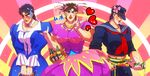  awa_suna basket battle_tendency beer_can black_hair blue_hair bottle breast_padding breasts brown_hair can crossdressing crushed_can dress hair_ornament hat heart jojo_no_kimyou_na_bouken jonathan_joestar joseph_joestar_(young) kuujou_joutarou large_breasts male_focus manly midriff multiple_boys phantom_blood pose school_uniform serafuku stardust_crusaders torn_clothes torn_hat 