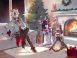  3girls antlers_hair_ornament arlecchino_(genshin_impact) barefoot black_gloves black_hair black_pants black_sleeves black_streaks blue_eyes box breasts brown_hair candle candlestand carpet christmas_tree cleavage closed_eyes columbina_(genshin_impact) couch crossed_legs dress fake_antlers fire fireplace full_body genshin_impact gift gift_box gloves grey_hair grey_jacket hair_ornament hands_on_own_head high_heels highres indoors jacket kneeling long_sleeves looking_at_another multicolored_hair multiple_girls pants pingshouchen purple_hair purple_streaks red_eyes sandrone_(genshin_impact) short_hair short_hair_with_long_locks sitting streaked_hair tree white_dress white_headdress window x_hair_ornament 