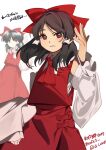  1girl ascot bow brown_hair closed_mouth commentary_request derivative_work embodiment_of_scarlet_devil hair_bow hair_tubes hakurei_reimu highres long_hair looking_at_viewer official_alternate_costume official_art_inset official_art_redraw red_background red_eyes red_skirt red_vest reference_inset shi_chimi shirt simple_background skirt sleeveless sleeveless_shirt solo sprite_redraw touhou translation_request upper_body vest white_shirt yellow_ascot zun_pose 