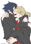  2boys amajiki_tamaki arms_around_neck black_hair blush boku_no_hero_academia buttoned_cuffs buttons carrying carrying_person closed_eyes collared_jacket commentary_request crew_neck gakuran high_collar jacket kiss kissing_forehead layered_sleeves long_sleeves male_focus multiple_boys open_clothes open_jacket open_mouth parted_bangs ponytail princess_carry red_shirt round_teeth school_uniform shirt simple_background smile spiked_hair t-shirt tama4664amat teeth togata_mirio tongue upper_teeth_only white_background yaoi 