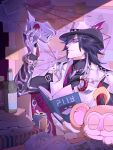  1boy ashveil_(honkai:_star_rail) black_hair black_shirt book bulletin_board commentary crescent crescent_pin detective earrings fedora fishminttofu gloves gradient_hair hat hat_ornament highres holding holding_book honkai:_star_rail honkai_(series) jacket jewelry lapel_pin long_hair male_focus mask monkey mouth_mask multicolored_hair necklace purple_eyes shirt single_earring single_glove solo supplicant_mask tooth_necklace turtleneck white_gloves white_hair white_hat white_jacket 