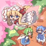 3girls blonde_hair blue_dress blue_eyes blue_hair cherry_blossoms cirno commentary daiyousei dress fairy fairy_wings flying green_eyes green_hair hat highres lily_white long_hair long_sleeves magg_(user_mtca8588) multiple_girls open_mouth outdoors smile spring_(season) touhou white_dress white_hat wings 