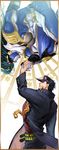  awa_suna black_hair blue_skin chain floating gakuran green_hair hat highres holding_hands jojo_no_kimyou_na_bouken kuujou_joutarou long_hair male_focus multiple_boys pauldrons school_uniform stand_(jojo) star_platinum stardust_crusaders torn_clothes torn_hat 