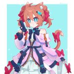  1girl absurdres ahoge alternate_hairstyle animal_ear_fluff animal_ears bare_shoulders black_bow black_bowtie black_gloves blue_background blue_eyes border bow bowtie bright_pupils brown_hair buckle cat_ears cat_girl cat_tail commentary commission cowboy_shot dated dress dress_bow english_commentary fingerless_gloves frilled_dress frills gloves gun hair_between_eyes hair_ornament handgun heart heart_hair_ornament highres holding holding_gun holding_own_dress holding_weapon layered_dress lingyou long_hair long_sleeves looking_at_viewer neuro-sama neuro-sama_(cyberpunk_princess) off-shoulder_dress off_shoulder official_alternate_costume outline outside_border pink_dress pocket puffy_long_sleeves puffy_sleeves quad_buns short_twintails sleeve_bow snap-fit_buckle sparkle staccato_2011 tail tail_bow tail_ornament techwear twintails vedal_ai virtual_youtuber weapon white_border white_outline white_pupils zipper_dress zipper_pull_tab 