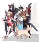  3boys awii blue_skin cerberus chinese_commentary colored_skin commentary_request creature full_body horns jacket male_focus monster_boy multiple_boys multiple_legs original pet_cone running simple_background tail taur white_background 