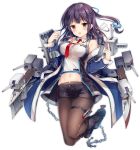  1girl @_@ anchor azur_lane bangs bare_shoulders belt black_legwear blue_coat blush bodysuit boots breasts cannon chains coat detached_collar dress erect_nipples floating_hair gloves groin hair_ornament hairclip holding holding_weapon large_breasts long_hair long_sleeves midriff mullany_(azur_lane) navel necktie off_shoulder official_art open_clothes open_coat open_dress open_mouth pantyhose purple_hair purple_shorts red_neckwear rigging rudder_footwear see-through short_shorts shorts sidelocks smile smoke solo sousouman stomach strapless thigh_strap torpedo_launcher transparent_background trigger_discipline tubetop unzipped weapon wind x_hair_ornament zipper 