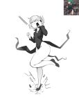  1girl absurdres blank_eyes breasts calling cellphone commentary derivative_work dress full_body greyscale hehevich highres holding holding_phone monochrome one-punch_man pear-shaped_figure pelvic_curtain petite phone pout reference_inset screenshot_redraw short_hair small_breasts solo stomping tatsumaki thighs 