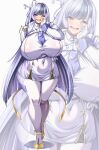  1girl black_hair blue_eyes blush breasts china_dress chinese_clothes chinese_hairpin commentary_request covered_navel dated dress epaulettes fang full_body goddess_of_victory:_nikke hair_bun hair_ornament hair_ribbon hair_stick hand_on_own_face highres hime_cut huge_breasts jacket jien_(nikke) long_hair looking_at_viewer mole mole_under_each_eye mole_under_eye multicolored_hair multiple_moles necktie one_eye_closed open_mouth pantyhose purple_hair purple_necktie purple_ribbon ribbon shoes single_hair_bun solo standing streaked_hair white_background white_dress white_jacket white_pantyhose yoohi zoom_layer 