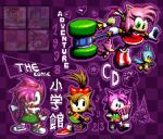  1girl :d :o amy_rose black_eyes boots bow bow_(weapon) bruhman7967 card classic_amy dress english_text flicky_(character) furry furry_female green_eyes green_skirt hair_bow hairband hammer heart hedgehog_girl holding holding_bow_(weapon) holding_hammer holding_weapon open_mouth orange_skirt pixel_art pixel_heart pixel_text prototype_design purple_background purple_shoes red_boots red_bow red_dress red_hairband reference_inset shoes skirt smile sonic_(series) sonic_adventure sonic_cd sonic_the_comic sonic_the_hedgehog_(classic) tarot tarot_card weapon 