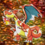  aqua_eyes charizard claws closed_mouth commentary derivative_work dragon dragon_wings english_commentary fangs faux_retro_artstyle fire flame-tipped_tail full_body highres mega_charizard_y mega_pokemon no_humans nostrils official_art_redraw official_style orange_background outline parody pokemon pokemon_(creature) pokemon_focus pokemon_tcg rcortezdraws solo style_parody sugimori_ken_(style) tail twitter_username watermark white_outline wings 