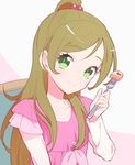  brown_hair cake collarbone eyebrows_visible_through_hair food green_eyes hair_bobbles hair_ornament head_tilt high_ponytail holding kurochiroko long_hair minamino_kanade pink_shirt precure shirt smile solo strawberry_shortcake suite_precure upper_body very_long_hair 