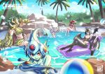  5girls :d :p abs adapted_costume animal_print arm_up arm_warmers armor artist_logo ball bare_shoulders barefoot bat_tattoo beachball bikini black_bikini black_hair black_pants blonde_hair blue_eyes blue_helmet blue_one-piece_swimsuit blue_sky breasts bridal_legwear butterfly_hair_ornament butterfly_wings cape ccccockroachst chinese_commentary cleavage closed_mouth clothing_cutout cloud collarbone colored_skin commentary_request commission covered_eyes crossed_legs curtained_hair day demon_girl demon_horns demon_wings digimon digimon_(creature) elbow_gloves eyeshadow facial_mark fairimon fins forehead_tattoo gauntlets gloves gold_armor green_cape green_hair green_skin grey_gloves groin hair_ornament hair_stick hairband head-mounted_display head_fins helmet highres horned_mask horns in_water insect_wings kinkakumon large_breasts leopard_print leopard_print_bikini lilithmon logo long_hair looking_at_viewer makeup mask medium_breasts midriff monster_girl multiple_girls multiple_wings muscular muscular_female navel navel_cutout one-piece_swimsuit open_mouth outdoors palm_tree pants parted_lips piercing pointy_ears pool print_bikini purple_arm_warmers purple_bikini purple_eyeshadow purple_hair purple_hairband purple_lips ranamon red_eyes red_gloves red_one-piece_swimsuit rosemon scar scar_on_arm scar_on_leg scar_on_stomach shadow short_hair shoulder_pads sidelocks sitting skindentation sky smile splashing standing stomach strapless strapless_bikini swimsuit tattoo teeth toeless_legwear tongue tongue_out tree upper_teeth_only water wing_piercing wings yellow_bikini yellow_cape 