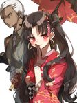 &gt;:( 1girl alternate_costume bangs black_bow blush bow brown_gloves brown_hair chibirisu closed_mouth collared_shirt dark_skin dark_skinned_male emiya_alter eyebrows_visible_through_hair fate/grand_order fate_(series) fingers_to_mouth floral_print frown gloves hair_bow hair_ornament heroic_spirit_formal_dress highres holding holding_umbrella ishtar_(fate/grand_order) japanese_clothes kimono long_hair long_sleeves looking_at_viewer looking_away necktie parted_bangs pinstripe_pattern red_eyes red_kimono sash shirt smile smirk striped twintails two_side_up umbrella v-shaped_eyebrows white_background white_hair wide_sleeves yellow_eyes 