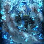  3boys absurdres archer_(fate) archer_alter_(fate) black_gloves black_shirt blue_hair closed_mouth commentary_request cu_chulainn_(caster)_(fate) cu_chulainn_(fate) fate/grand_order fate_(series) fingerless_gloves gloves highres hourinoki long_hair male_focus merfolk merman monster_boy multiple_boys octopus_boy parted_lips pectorals red_eyes shirt tentacles toned toned_male underwater white_hair 