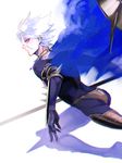  armor blue blue_eyes bodysuit cape collar eyeshadow fate/apocrypha fate_(series) from_behind karna_(fate) makeup male_focus pale_skin palette_swap polearm solo spear weapon white_hair zuwai_kani 