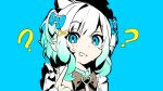  1girl ? ?? absurdres black_bow blue_background blue_eyes bow chattdraws confused densetsu.exe gradient_hair green_hair hair_bow hair_ornament highres looking_at_viewer mint_fantome multicolored_hair pointy_ears short_hair solo triangular_headpiece virtual_youtuber white_hair x_hair_ornament 